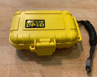 Coin pod(duo)waterproof Metal detecting coin and artefacts finds box/case with photo scale.(colour yellow)