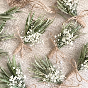 Corsage van gedroogde olijfbladeren voor de bruidegom en bruidsjonkers, boho-bruidscorsage, rustieke bruiloft in boerderijstijl, olijfkleurige bruiloftsdecoratie