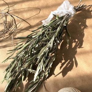 May include: A bunch of olive branches tied together with a white ribbon. The branches are green and brown and are lying on a brown surface.