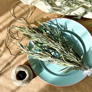 May include: A bunch of dried olive branches tied together with twine and placed on a light blue plate with a pink rim. The plate is on a brown surface.