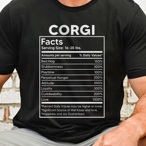May include: Black t-shirt with a white graphic of a nutrition facts label for a Corgi dog. The label lists the serving size as 16-28 lbs. and includes categories like Bed Hog, Stubbornness, Playtime, Perpetual Hunger, Attitude, Loyalty, Cuddleability, and Love, with percentages ranging from 100% to 1000%.