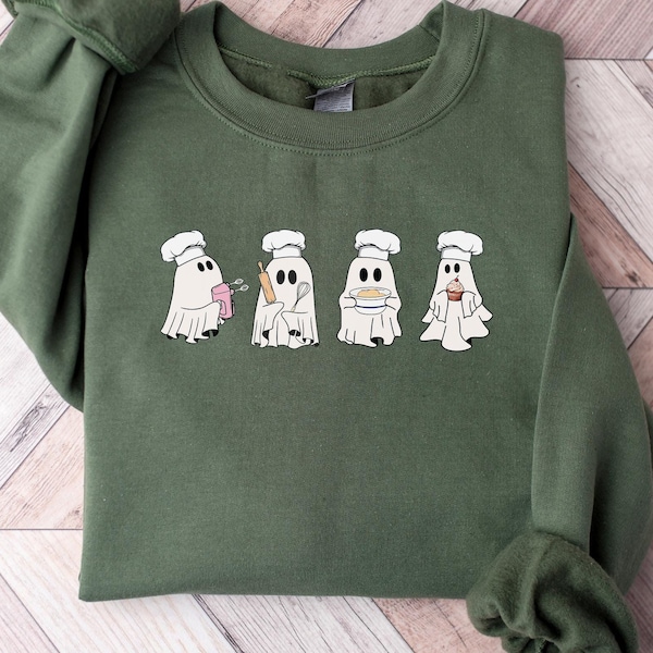 Halloween Baking Ghosts Sweatshirt, Funny Bake Ghost Sweatshirt, Cooking Gifts for Her, Baking Lover Women's Crewneck, Baking Book Gift