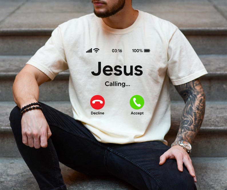 May include: A white t-shirt with the text "Jesus Calling..." and a phone icon with two buttons: "Decline" and "Accept".