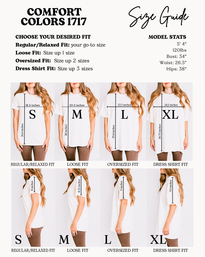 K&ouml;nnte beinhalten: Gr&ouml;&szlig;entabelle f&uuml;r ein T-Shirt mit vier verschiedenen Passformen: normal/locker, locker, oversized und Hemd. Die Tabelle zeigt die Ma&szlig;e in Zoll f&uuml;r jede Gr&ouml;&szlig;e (S, M, L, XL) und die entsprechende L&auml;nge des Shirts f&uuml;r jede Passform. Das Model ist 1,63 m gro&szlig; und wiegt 54 kg.