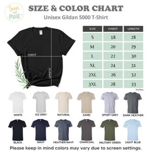 May include: Size and color chart for unisex Gildan 5000 T-shirts. The chart shows sizes from S to 3XL with corresponding chest and length measurements in inches.  The chart also shows a variety of colors including white, ice grey, natural, sand, sport grey, dark heather, black, navy, heather navy, charcoal, military green, and light blue.