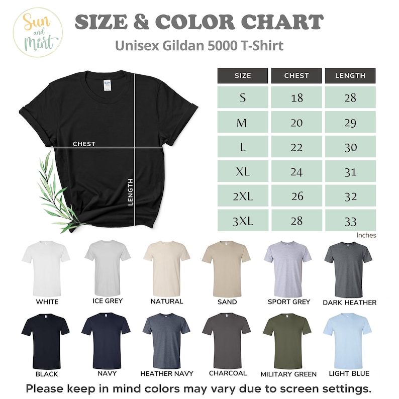 May include: Size and color chart for unisex Gildan 5000 T-shirts. The chart shows sizes from S to 3XL with corresponding chest and length measurements in inches.  The chart also shows a variety of colors including white, ice grey, natural, sand, sport grey, dark heather, black, navy, heather navy, charcoal, military green, and light blue.