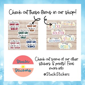 May include: A collection of colorful teacher name stickers with glitter accents. The stickers feature the text "Mrs. Stucki", "Mrs. Perry", "Mrs. Bolster", "Miss Browning", "Mrs. Stucki", and "Mr. Christensen".