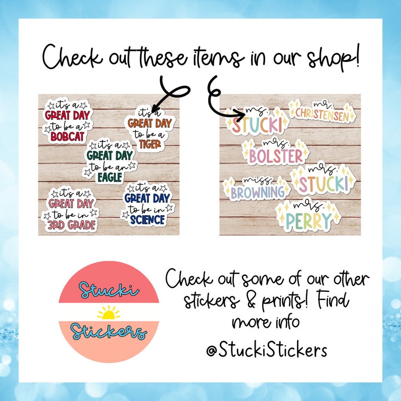 May include: A collection of colorful teacher name stickers with glitter accents. The stickers feature the text "Mrs. Stucki", "Mrs. Perry", "Mrs. Bolster", "Miss Browning", "Mrs. Stucki", and "Mr. Christensen".