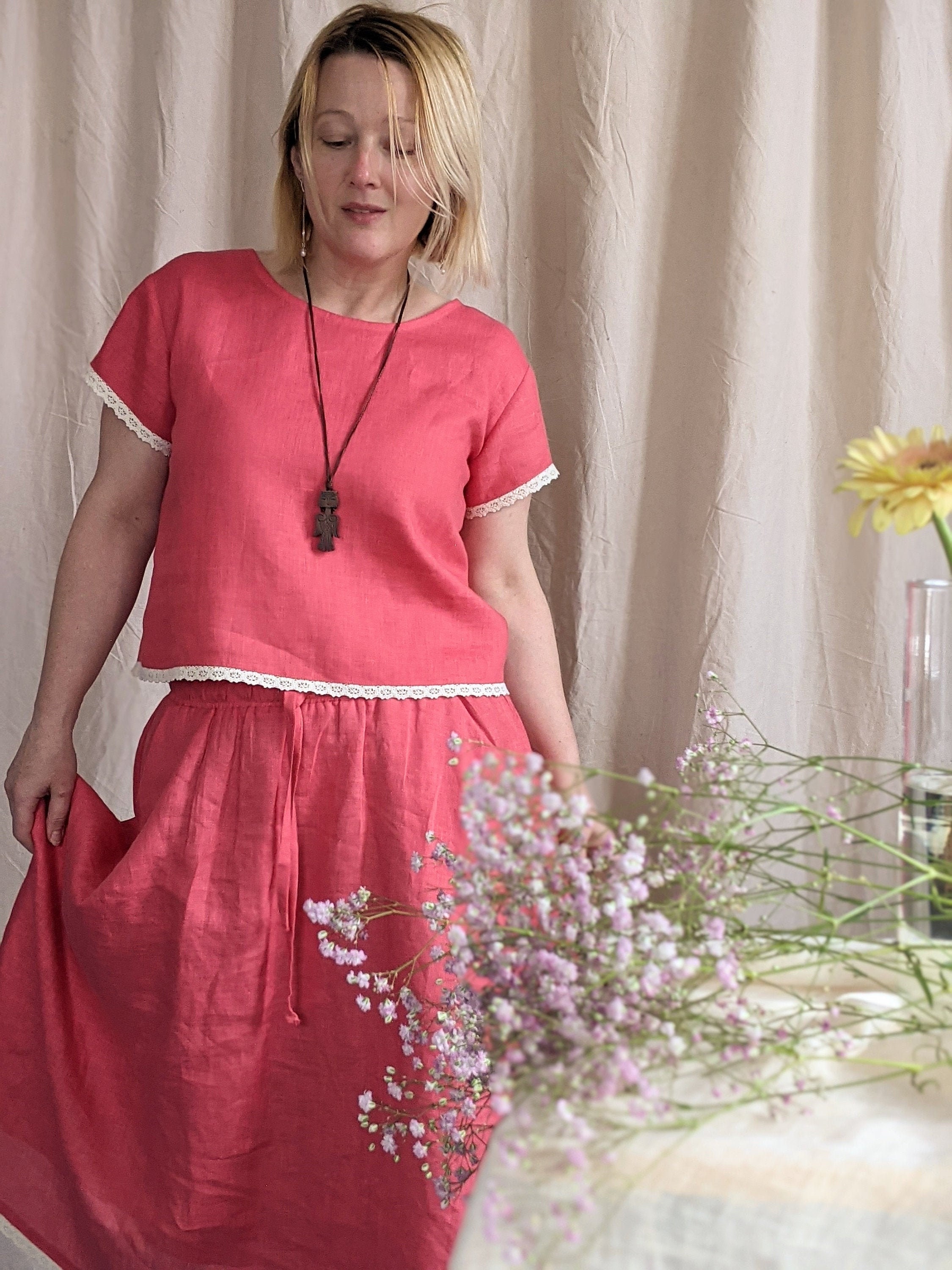 Women's linen set. Linen skirt with pockets and top. Flax Etsy