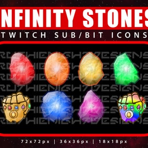 May include: Digital art featuring the text "INFINITY STONES" and "TWITCH SUB/BIT ICONS". The image showcases seven colorful, gem-like icons, including a gold gauntlet with embedded stones. The background is a dark red with a starry pattern.