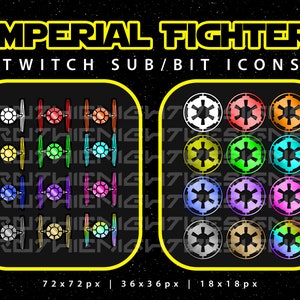 Pode incluir: Conjunto de 12 ícones Twitch Sub/Bit Imperial Fighter em várias cores, incluindo vermelho, verde, azul, amarelo e prata. Os ícones estão em tamanhos de 72x72, 36x36 e 18x18 pixels.