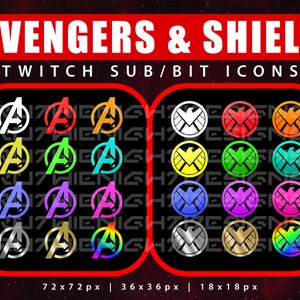 May include: A set of 24 Twitch sub/bit icons featuring the Avengers and Shield logos in various colours, including red, yellow, blue, green, purple, silver, gold, and rainbow. The icons are available in three sizes: 72x72 pixels, 36x36 pixels, and 18x18 pixels.