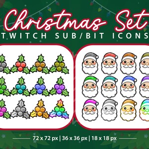 Twitch Sub, Bit, Cheer Badges - Christmas, Santa, Holly, Holiday, December - Downloadable Streaming Graphics