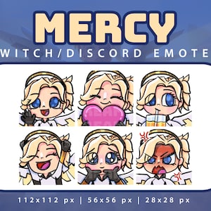 Könnte beinhalten: Satz von sechs digitalen Twitch- und Discord-Emojis mit einer Comicfigur mit blonden Haaren, blauen Augen und einem Heiligenschein. Die Figur wird mit verschiedenen Gesichtsausdrücken gezeigt, darunter lächelnd, zwinkernd und wütend.