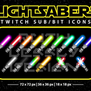 May include: A set of 12 colorful lightsaber icons for Twitch, available in three sizes: 72 x 72 pixels, 36 x 36 pixels, and 18 x 18 pixels. The lightsabers are in various colors, including purple, red, orange, yellow, green, blue, and white.