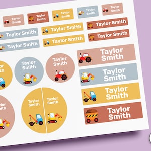 May include: A sheet of adhesive labels in various shapes and sizes, featuring construction vehicle graphics and the name Taylor Smith printed in white. The labels come in shades of blue, yellow, brown, and tan, with some rectangular and circular designs.