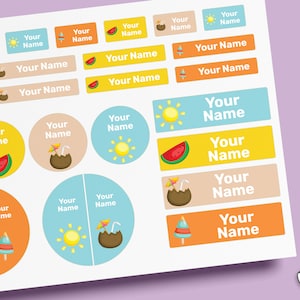 Sommer Namensetiketten Paket 64 ~ 96 Stück, wasserfeste Etiketten für Kinder, Etiketten für Schulmaterial, Personalisierte Etiketten Kinder, Namensetiketten wasserdicht, Namensetiketten für den Kindergarten