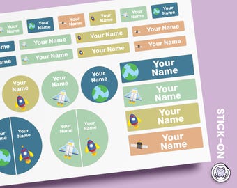 64 or 96pcs Waterproof Custom Name Labels - Personalized Name Stickers for School & Daycare | Spaceship
