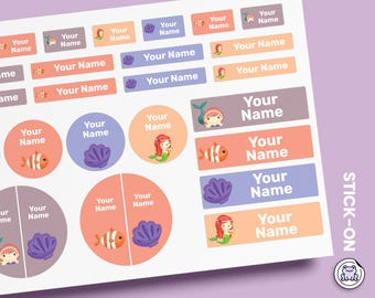 64 or 96pcs Waterproof Custom Name Labels - Personalized Name Stickers for School & Daycare | Mermaid
