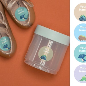 Dinosaure 40 étiquettes rondes personnalisées,Étiquettes imperméables,Étiquettes pour garderie,Étiquettes pour l'école,Autocollants nom,Étiquettes pour bouteilles,Étiquettes camp,Étiquettes personnalisées