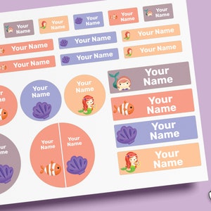 Mermaid Name Labels Pack 64 ~ 96 Stück, wasserdichte Etiketten, personalisierte Etiketten, Kindergartenetiketten, benutzerdefinierte Etiketten, Schuletiketten, Flaschenetiketten, Schuhetikett