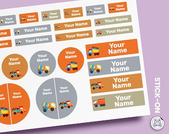 64 or 96pcs Waterproof Custom Name Labels - Personalized Name Stickers for School & Daycare | Construction Truck
