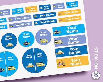 64 or 96pcs Waterproof Custom Name Labels - Personalized Name Stickers for School & Daycare | Transportation