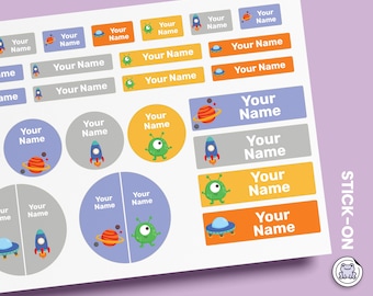 64 or 96pcs Waterproof Custom Name Labels - Personalized Name Stickers for School & Daycare | Space
