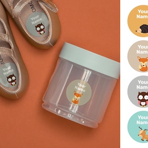 Woodland 40 runde benutzerdefinierte Namensetiketten, wasserdichte Etiketten, personalisierte Etiketten, Kindergartenetiketten, benutzerdefinierte Etiketten, Schuletikett, Flaschenetikett, Schuhetikett
