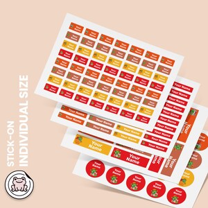May include: A collection of rectangular and circular stick-on labels in red, orange, and brown shades. Each label features a small frog illustration and the text Your Name. The text STICK-ON INDIVIDUAL SIZE is printed vertically on the left side.