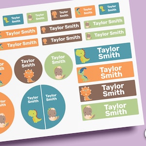 May include: A sheet of assorted rectangular and circular adhesive labels featuring cartoon dinosaur illustrations and the printed name Taylor Smith. The stickers come in orange, brown, green, and blue, with various dinosaur designs including hatchlings.