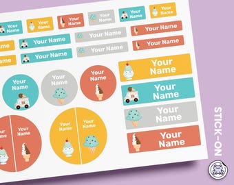 64 or 96pcs Waterproof Custom Name Labels - Personalized Name Stickers for School & Daycare | Ice Cream