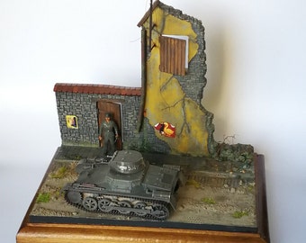 German Panzer I Ausf.A on French Village Street. WWII Military Diorama 1:35 scale. Fully Assembled.