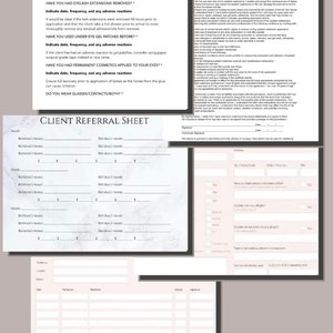 May include: A printable eyelash history form and client referral sheet for lash technicians. The form includes sections for client information, eyelash history, and client referrals. The form is designed to help lash technicians keep track of their clients' information and to promote their business.