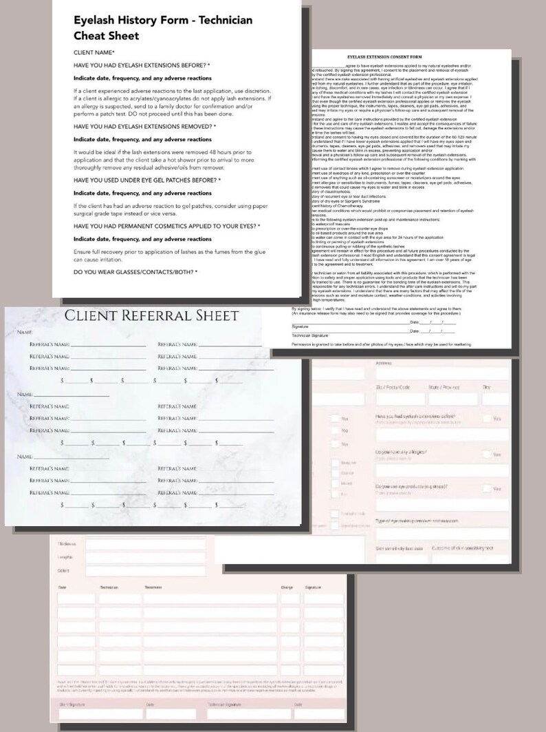 May include: A printable eyelash history form and client referral sheet for lash technicians. The form includes sections for client information, eyelash history, and client referrals. The form is designed to help lash technicians keep track of their clients' information and to promote their business.