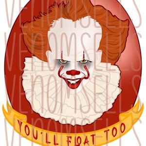 Könnte beinhalten: Ein roter Ballon mit einem weißen Kragen und einem Clown-Gesicht mit roten Lippen und gelben Augen. Der Ballon hat ein gelbes Banner mit der Aufschrift "You'll Float Too."