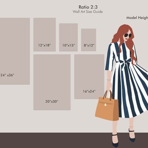 May include: Wall art size guide with dimensions in inches, including 24"x36", 20"x30", 16"x24", 12"x18", 10"x15", and 8"x12". A fashion illustration of a woman in a striped dress and a handbag is also shown. The model height is 5'5".