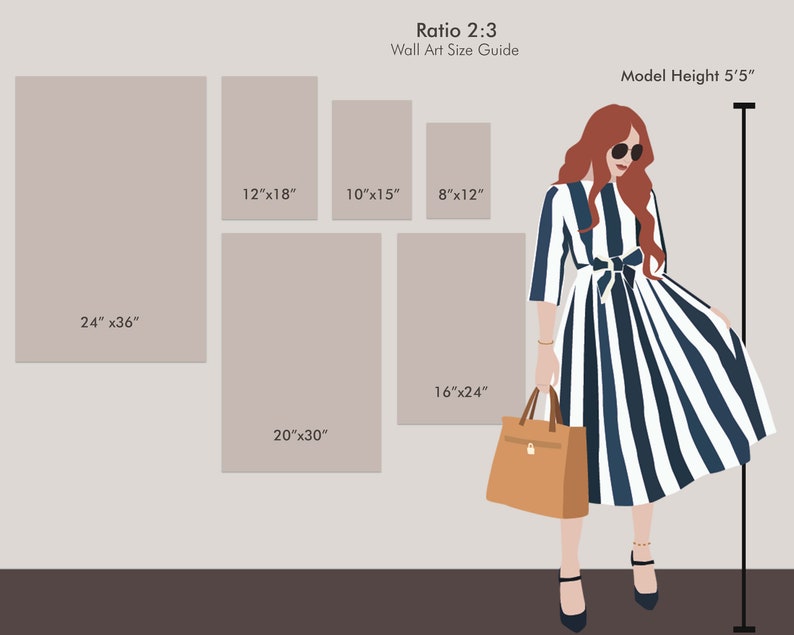 May include: Wall art size guide with dimensions in inches, including 24"x36", 20"x30", 16"x24", 12"x18", 10"x15", and 8"x12". A fashion illustration of a woman in a striped dress and a handbag is also shown. The model height is 5'5".