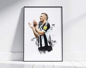May include: A black and white watercolor illustration of a soccer player in a black and white striped jersey with a yellow patch on the sleeve. The player is clapping his hands and smiling.