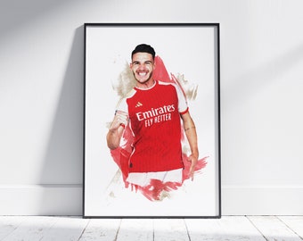 May include: A digital painting of a soccer player wearing a red and white jersey with the text "Emirates Fly Better" on the front. The player is smiling and holding his right hand up in the air.
