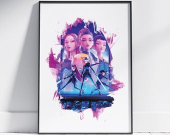May include: Framed art print featuring a stylized illustration of several female figures. The artwork uses a vibrant color palette of pink, purple, and blue. The central figures are depicted with swords, and the overall theme suggests a fantasy or action genre.