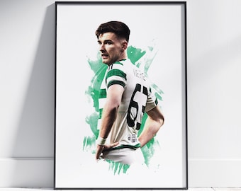 May include: Framed print featuring a soccer player in a white and green jersey with the number 63. The player is set against a green abstract background. The print is in a black frame and is displayed on a white wall.