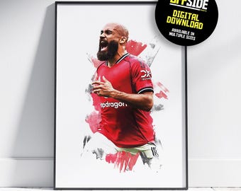May include: Framed digital print featuring a soccer player in a red jersey with the word "apdragon" visible. The image has a dynamic, artistic style with red and white accents. A black circle in the upper right corner reads "OFFSIDE PRINTS DIGITAL DOWNLOAD AVAILABLE IN MULTIPLE SIZES."