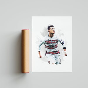 Pode incluir: Uma ilustração em aquarela de um jogador de futebol com uma camisa listrada branca e vermelha com o número 7 na frente. O jogador está correndo com os braços estendidos e olhando para a direita.