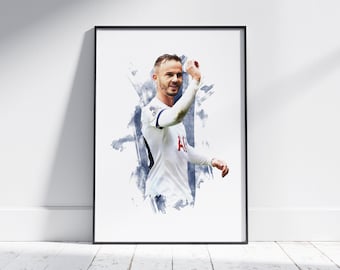 May include: A watercolor-style illustration of a soccer player in a white jersey with blue accents, celebrating a goal. The player is raising his right arm in the air and has a determined expression on his face.