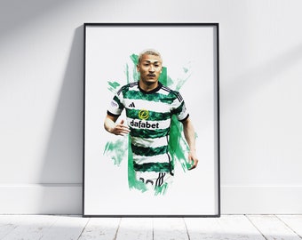 May include: A digital painting of a soccer player wearing a green and white striped jersey with the word "dafabet" on the front. The player is running with the ball and has a determined expression on his face.