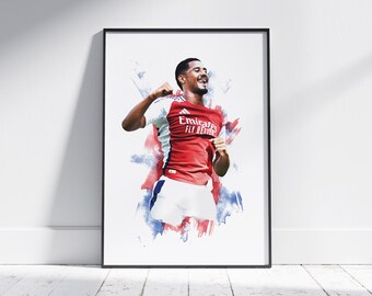May include: A digital painting of a soccer player in a red and white jersey with the text "Emirates Fly Better" on the front. The player is celebrating a goal with his arms raised in the air. The background is a blue and white watercolor wash.