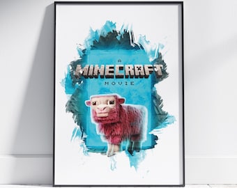 May include: Framed poster featuring a pink sheep from the Minecraft movie. The sheep is set against a blue background with the words "A Minecraft Movie" in pixelated text. The poster is in a black frame.