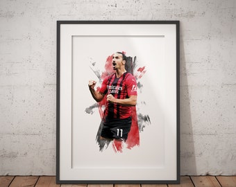 May include: A watercolor illustration of a soccer player in a red and black jersey with the word "Emirates" on the front. The player is celebrating a goal with his arms raised in the air. The background is a red and black watercolor wash.
