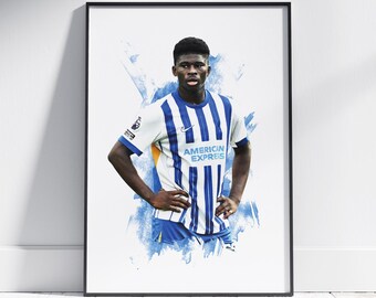 May include: A soccer player wearing a white and blue striped jersey with the text "AMERICAN EXPRESS" on the front. The player is standing on a blue and white abstract background.